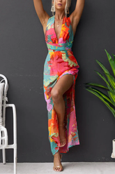 Ärmelloses Maxikleid mit V-Ausschnitt, Schlitz und Blumenmuster zum Binden hinten